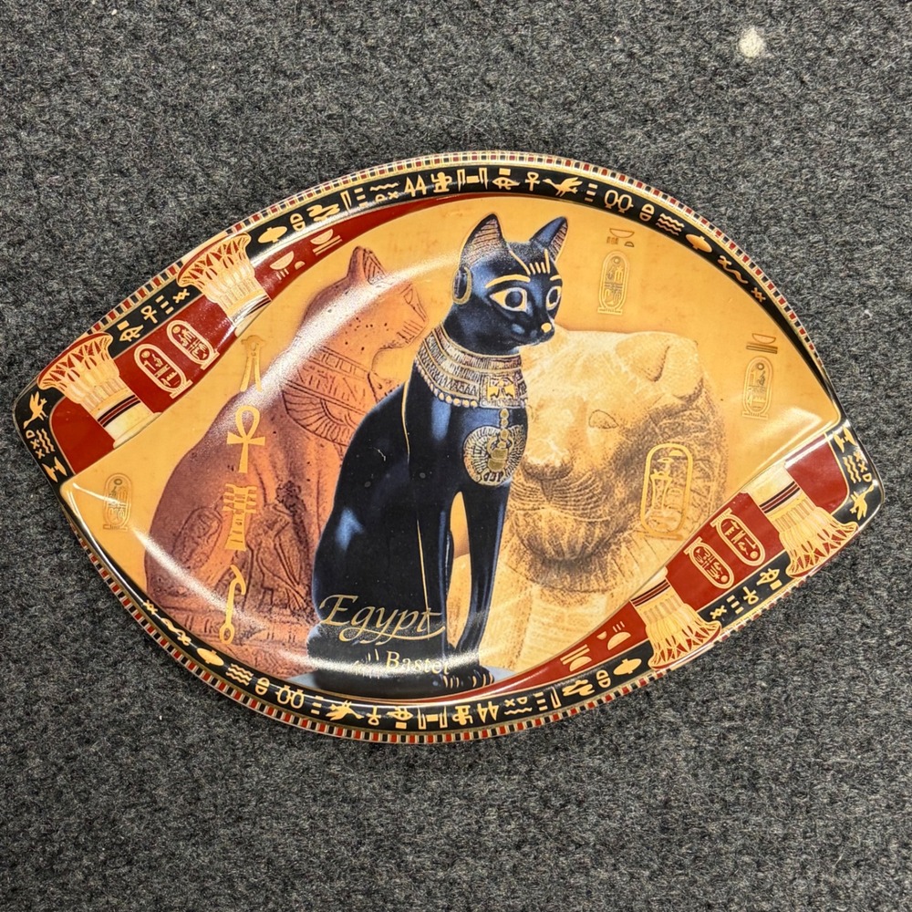 Fathi Mahmoud Egyptian Bastet Cat Porcelain Tray Eye Shaped Limoges Style Egypt